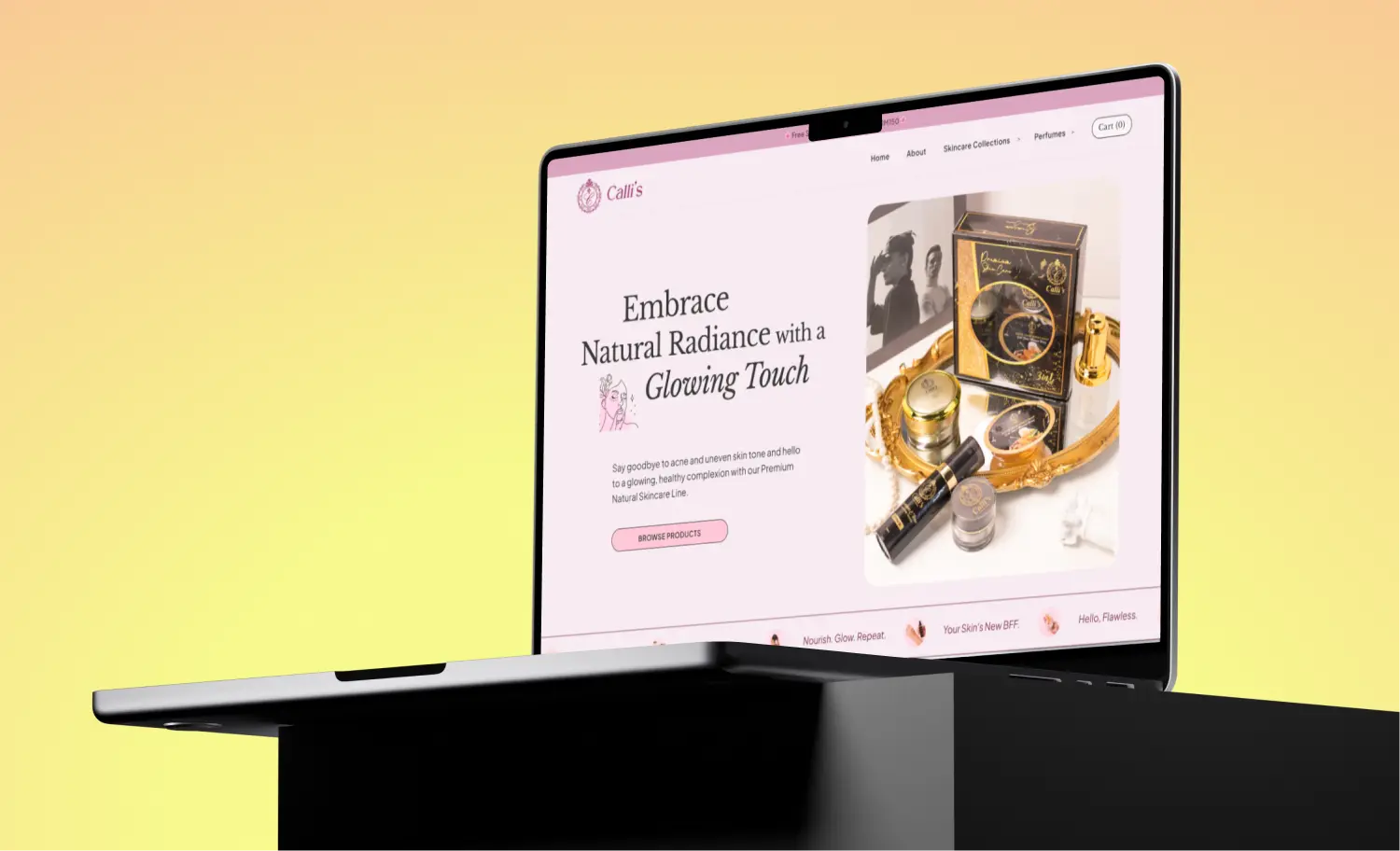 Mockup of Calli's Skincare Website displayed on a sleek laptop screen.